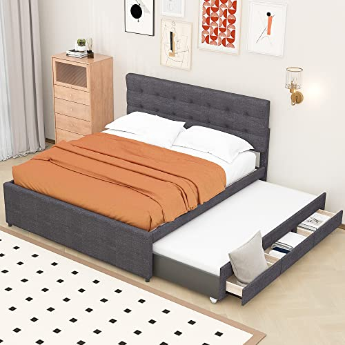 Polsterbett 140 x 200cm, Doppelbett aus Leinen, Familienbett,Ehebett mit DREI Schubladen, ausziehbares Bett, Verstellbares Kopfteil (Grau)