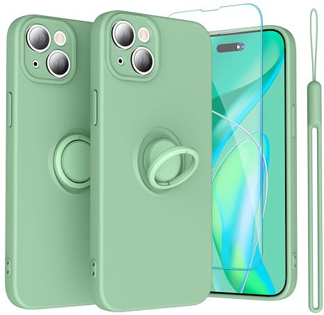 Abitku Ring Kickstand Case for iPhone 15 Plus (6.7 inch), Support Magnetic Car Mount with Strap Rope - Women's Silicone Cover Case for iPhone 15 Plus 2023 (Mint)