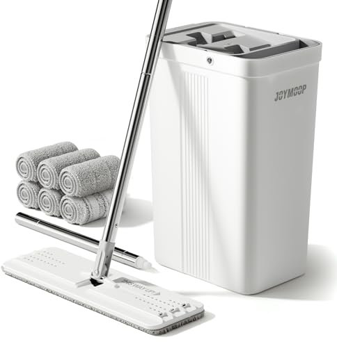 JOYMOOP - Fregona y cubo con escurridor para el hogar, cubo plano blanco para limpieza del suelo, escoba manos libres de uso húmedo y seco para paredes, 152,4 cm con 6 almohadillas de microfibra