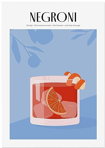 JUNOMI® Negroni Poster DIN A2, Cocktail, Longdrink, Bar, Getränke, Cocktail Set | Ohne Rahmen