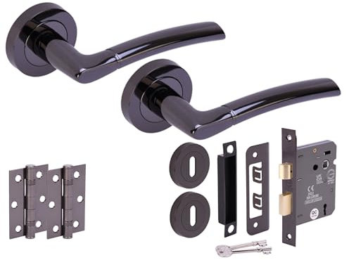 HANDLEZONE® Neemo Door Handles on Rose 3 Lever Lock Pack with Ball Bearing Hinges - Black Nickel