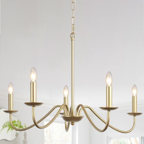 ASHUAQI Kronleuchter Gold, 5 Flammig Pendelleuchte Gold, Klassische Kerze Kronleuchter Vintage, Pendelleuchte Esstisch mit E14 Fassung, Lampe für Wohnzimmer Schlafzimmer Küche Flur Esszimmer