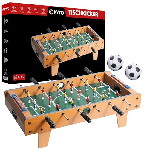 Kyto Tischkicker Kinder und Erwachsene, Kickertisch, Tischfussball 70x35cm, aus Holz, Ink. 2X Kicker Bälle