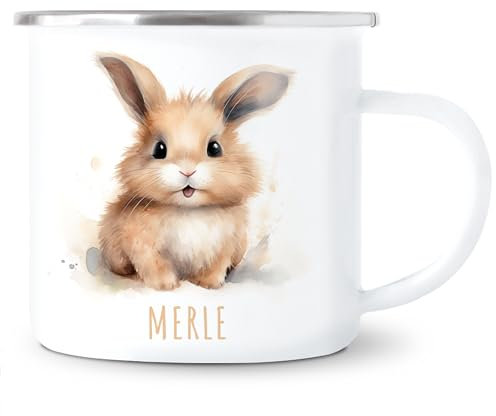 Hase Emaille Tasse Kinder Trinkbecher personalisierte Kindertasse mit Namen süßer Kinderbecher für Mädchen & Jungen Geschenk Emaille Becher 300 ml