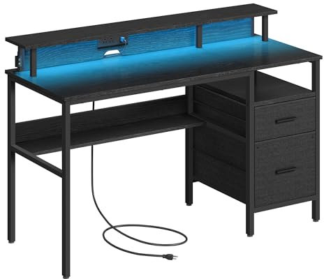 VASAGLE Computer Desk with Fabric Drawers, Study Desk with Monitor Stand, LED Lighting, 55 x 135 x 90 cm, Built-in Power Outlets, 2 USB-A Ports, for Home Office, Ebony Black LWD094B01