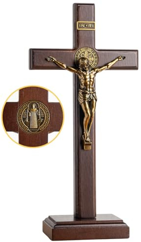 KUXBET Holz-Kruzifix-Kreuz mit abnehmbarem Ständer, 25,4 cm, stehend, katholisch, Holz, Jesus Christus, Wandbehang, Kreuz für Heimdekoration