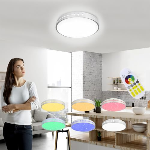 Aufun 60W LED Deckenleuchte Dimmbar mit Fernbedienung Wohnzimmer Lampe, RGB Farbwechsel Sternenhimmel LED Rund Deckenlampe, Einstellbar für Schlafzimmer Küche Kinderzimmer Wohnzimmer(Tye C)
