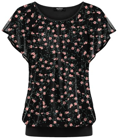 Zeagoo Womens Summer Tops Ruffle Short Sleeve T-Shirt Flowy Loose Pleated Floral Mesh Shirts Double Layers Crew Neck Tunic Tops Floral Pink XXL