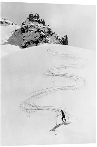 Kurvenreiche Ski-Fahrt einen hohen Berg hinunter, Schweiz, 1935 Acrylglasbild von Vintage Ski Collection 30 x 40 cm Schwarz-Weiß Nostalgie Wanddeko