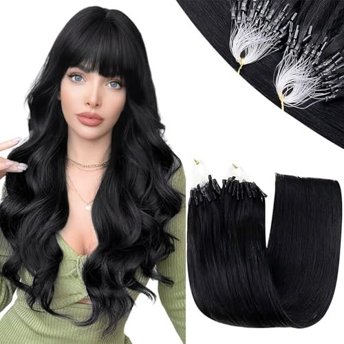 RUNATURE Echthaar Extensions Microring Schwarz Unsichtbare Haarverlängerung 50 Strähne Extension Echthaar Microring 40cm Glatt Menschliches Haar Microring Extensiong Echthaar 1g #1