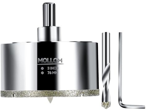 Mollom 3” (76mm) Scie-cloche diamantée avec 2 mèches pilotes amovibles Coupe nette pour carrelage en porcelaine, verre, céramique, marbre, fibre de verre, etc