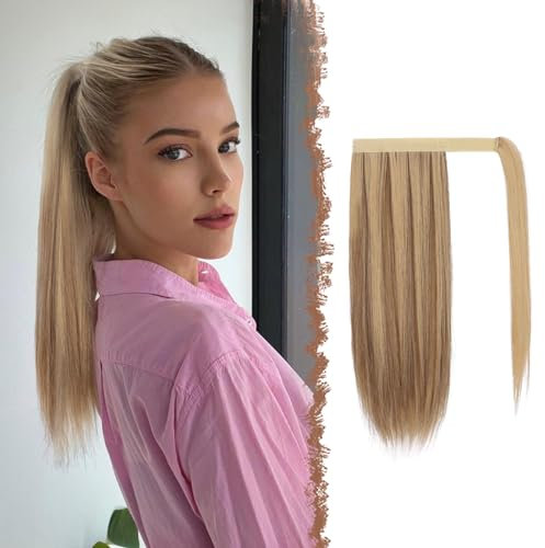 FESHFEN Pferdeschwanz Extensions Glatt Lang Pferdeschwanz Verlängerung Haarteil Zopf Clip in Ponytail Extension Synthetik Haare Extensions Zopf Haarverlängerung für Damen, 40 cm Braun gemischt Blond