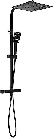 Kit de douche carré noir 30 x 30 cm avec thermostat, douche à effet pluie, 80 à 120 cm en hauteur réglable avec douche à effet pluie et douchette à main
