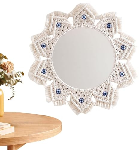 NSXIN Makramee Wandspiegel Hängender Spiegel mit Fransen, Runden Handgefertigt Boho Spiegel Wanddeko, Gewebten Wandbehang Deko für Wohnung, Zuhause, Schlafzimmer, Wohnzimmer (A)