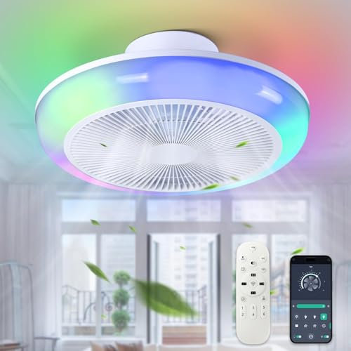 Depuley RGB Ceiling Fan with Light: Color Changing Bladeless Ceiling Fans with Lamps - Dimmable Ceiling Light Fan Remote Control - Low Profile Ceiling Fan for Bedroom