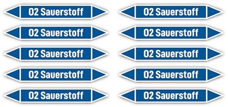 Aufkleber: 100x15 mm, 10 Stück - Gruppe 0 - Sauerstoff - Rohrleitungskennzeichnung - nach DIN 2403 - Sprache: deutsch - O2 Sauerstoff