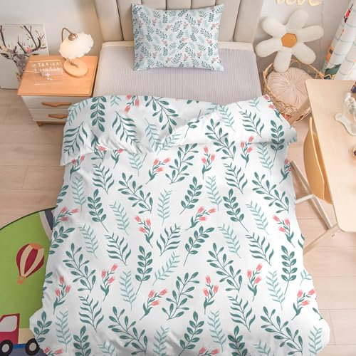 Linfye Housse de Couette 120x150 cm Enfant Feuilles Blanches Parure de Lit 1 Personne avec Taie d'oreiller 40x60 cm, Vert Rose Réversible Sets de Housse Couette en Microfibre Ensemble de Literie