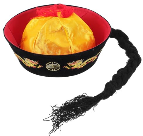 Chinesischer Kaiserhut mit Zopf, Kostümrequisit für Party und Karneval | Traditioneller Hut aus Filz, Leicht und Bequem, Orientalischer Stil, für Cosplay, Theater und Feiertage