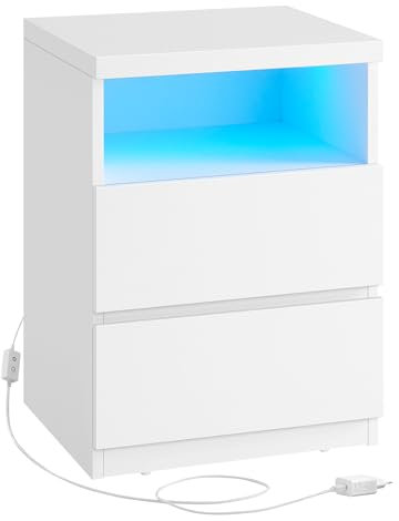 VASAGLE Nachttisch mit Verstellbarer LED-Beleuchtung, Beistelltisch mit Schubladen, Schubladenschrank, Nachtschrank für Schlafzimmer, Wohnzimmer, moderner Stil, wolkenweiß LET634W01