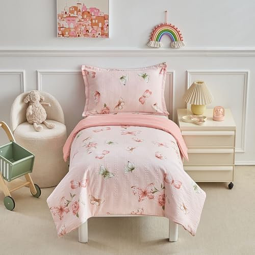 DuShow Ensemble de housse de couette pour tout-petits, housse de couette avec taie d'oreiller, motif papillon, ensemble de literie jacquard seersucker pour lit junior/berceau 120 cm x 150 cm
