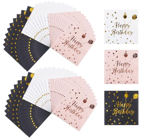Luckwaii Servietten Geburtstag Happy Birthday Servietten, 60 Stück Geburtstagsservietten Servietten Party Goldfolie Papierservietten Napkins 33x33cm für Geburtstag Party Deko (Rosa, Weiß, Schwarz)