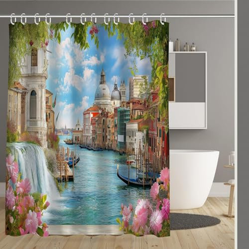 MULERN Duschvorhang 180X200Cm Polyester Textil, Wasserdicht Und Trocknet Schnell Badvorhang, Stadtbild Von Venedig Waschbar Stoff Duschvorhang Badewanne Mit 12 Duschvorhangringe