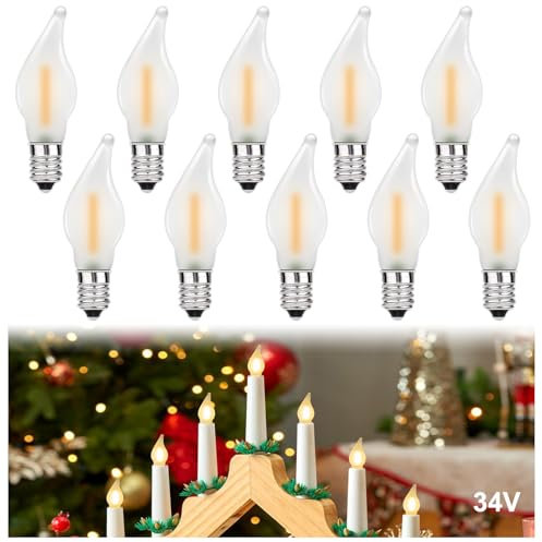 MZYOYO 10 Stück E10 LED Glühbirne,AC 34V E10 LED Kerzen für Schwibbogen,LED Spitzkerzen LED Birnen für Schwibbogen,LED Kerzen 2100K Warmweiß,0,2W,3LM,Matt