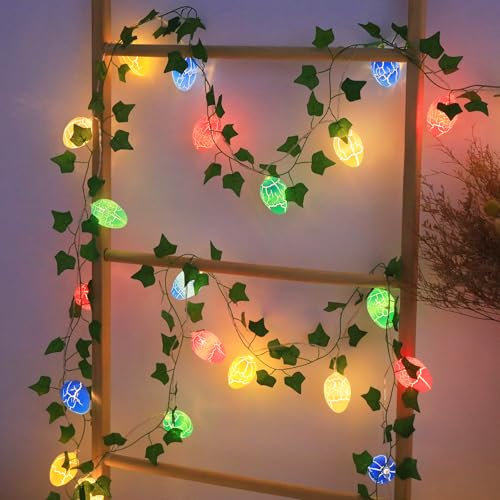 Auting Catena luminosa per interni ed esterni, decorazione pasquale con timer, 15 uova di Pasqua colorate, edera da appendere, per interni ed esterni, per la primavera, decorazione pasquale, feste