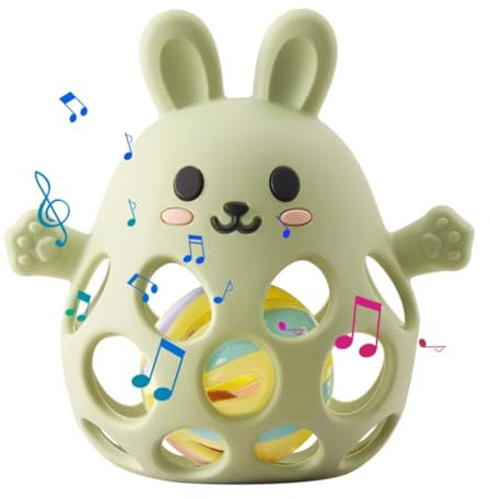 Arudyo Anello da Dentizione per Neonati Giocattolo Masticabile in Silicone con Coniglio e Campanellino Aiuto per la Dentizione e Anello Prescolare per Bambini (Oliva)