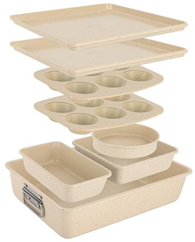 NutriChef 8-Piece Stackable Bakeware Set - Carbon Steel Non-Stick Baking Pan Set, Sheet, Muffin, Round, Loaf, Square Cake & Deep Pans, 450°F Heat Resistant, Standard & Convection Ovens (Marble Cream)