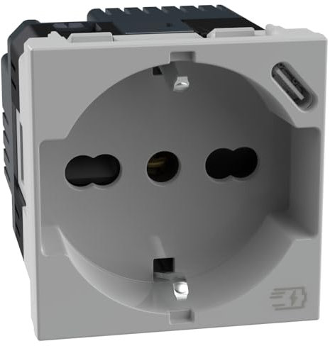 BTICINO MatixGO - Toma Schuko italiana P40 + cargador USB tipo C, Quick Charge, toma eléctrica con alvéolos protegidos, compatible con enchufes italianos/Schuko, 2 módulos, gris, JG4140A16USB