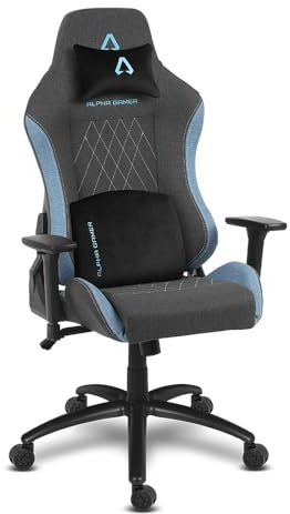 Alpha Gamer Gaia - Silla Gaming en Tela, Ergonómica, Reposabrazos Ajustables, Cojín Cervical removible con imán, Cojín Lumbar con Espuma viscoelástica, Base de Metal, 150KG - Gris Oscuro y Azul