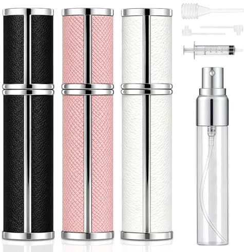 Nadisean 3 Piezas Atomizador Perfume Recargable, 5ml Atomizador Perfume, Frasco Perfume Recargable PU Pie, Mini Decants Perfumes Relleno, Portable Pulverizador Perfume con Gotero (Negro/Blanco/Rosa)
