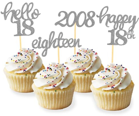 24 Pcs Glitter 18th Birthday Decoration Cupcake Toppers (Sliver-2008) | 18th Cake Decorations, 18th Birthday Decoration, 18th Birthday Party Supplies