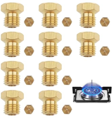 10 Pezzi Ugelli Gas, Ugelli Gas Metano, per Bombole per Cucine a Gas Metano, Ottone Universali, Ugelli Piano Cottura Metano(0.5/0.7/0.7/0.73/0.87/0.93/0.93/1.02/1.15/1.35mm)