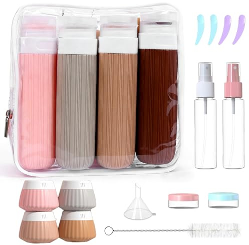 Kit 18 Pezzi Bottiglie da Viaggio in Silicone, Flaconi Riutilizzabili per Shampoo, Lozione e Cosmetici, Etichette Incluse, Perfetto per Liquidi, Creme e Articoli da Bagno