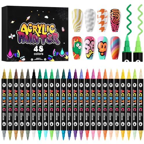 Kalolary 48 Colors Acrylic Nail Paint Markers, Dual Brush Options | Nail Art Pens Set, Nail Polish Pens, Quick-Dry, Waterproof, Smooth Ink for DIY Nail Painting, Manicure & Craft Design