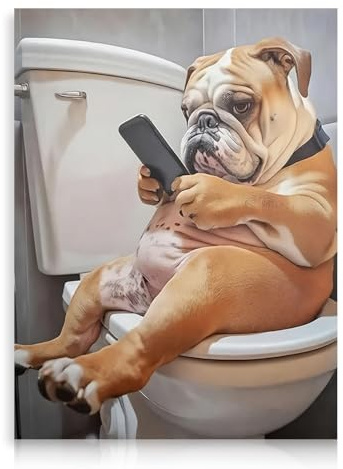 Dazzlewall Modernes Hund Wandbild, Humorvolles Poster mit Bulldogge auf Toilette für Badezimmer & Wohnzimmer Deko 30x40cm Ohne Rahmen