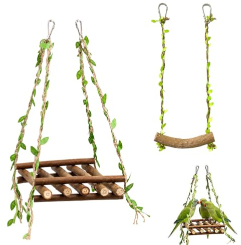 LEIIERUY Altalene Naturali in Legno per Gabbia Uccelli, Set da 2 Giochi Oscillanti Verdi con Ganci, Accessori per Cocorite e Pappagalli di Piccola e Media Taglia per attività e Divertimento Quotidian