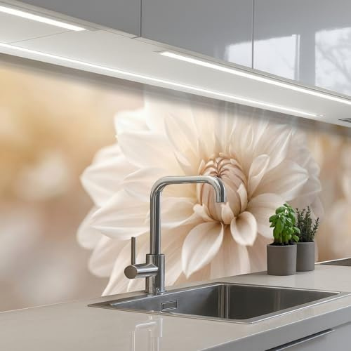 KitchenYeah© Rückwand Küche Rückwandschutz Selbstklebend Spritzschutz | 60x200 cm - Küchenrückwand Küchenfront Küchen Selbstklebende Küchenrückwände Blume - Dahlie - Weiß