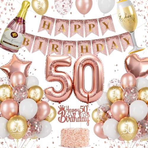 Palloncini 50 Anni Compleanno Donna Oro Rosa, Decorazioni 50 Compleanno Donna, Numero 50, Bottiglia Champagne, Calice, Cuore e Stella Foil, Banner Happy Birthday, Cake Topper, 50 Anni Accessori Festa
