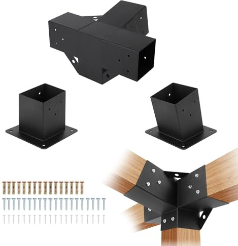 GarveeLife 3 Pack Framola Pergola Corner Brackets, 10x10cm Woodwork DIY Pergola Kit with 15° Angled Corner Extension, 4-Way Wall Mount Wood Joints Structure Hardware Kit for Garden