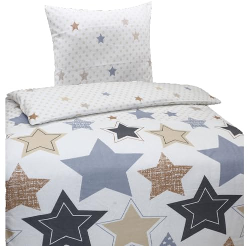 Hochwertige Biber Bettwäsche Baumwolle Sterne Blau Beige 135x200 80x80 Set 2tlg