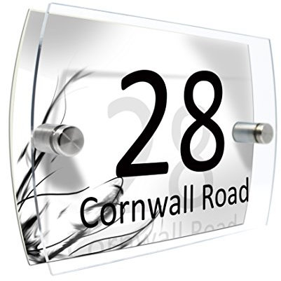 CS Printing House Number Sign Plaque Garden Glass Effect Acrylic Sign Door Plate Marble Wall Display 2 Part Branded Acrylic (Black Splash)