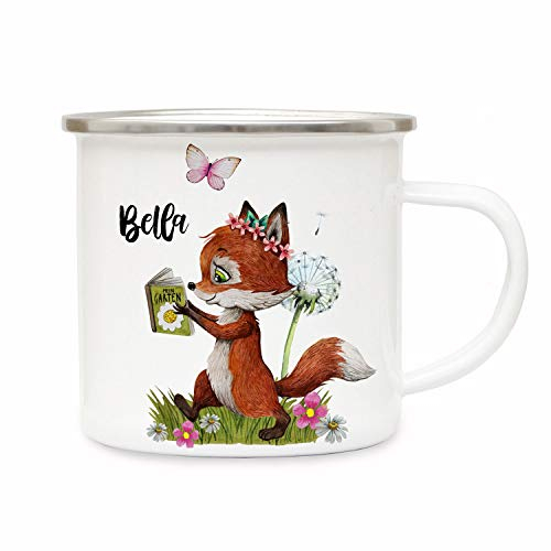 ilka parey wandtattoo-welt Emaillebecher Becher Tasse Camping Fuchs Füchschen mit Buch & Wunschname Name Kaffeetasse Geschenk eb367