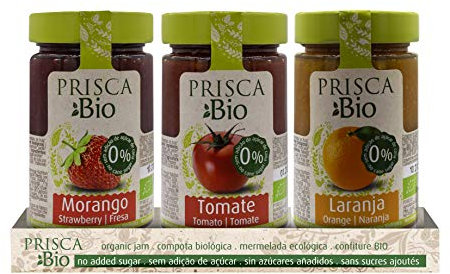 Prisca Confitures 100% biologiques de Fraise - Tomate - Orange - sans Sucre ajouté - Produit Biologique certifié - Emballage de 3 unités de 240 GR chacune
