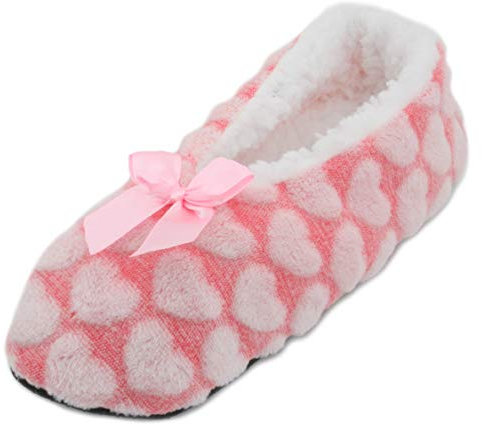 Atania Ladies Ballet Style Plush Slipper Socks Pink Hearts S/M