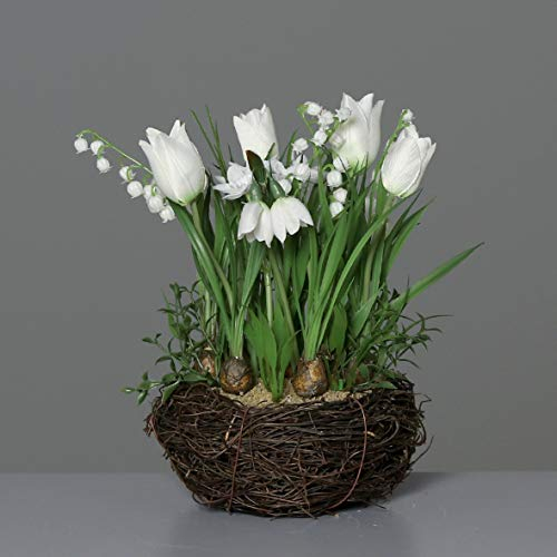 mucplants Wunderschönes künstliches Frühjahrsblumensortiment im Rattan Nest 26cm Creme mit künstliche Tulpen Maiglöckchen Schneeglöckchen Tischdekoration Tischgesteck