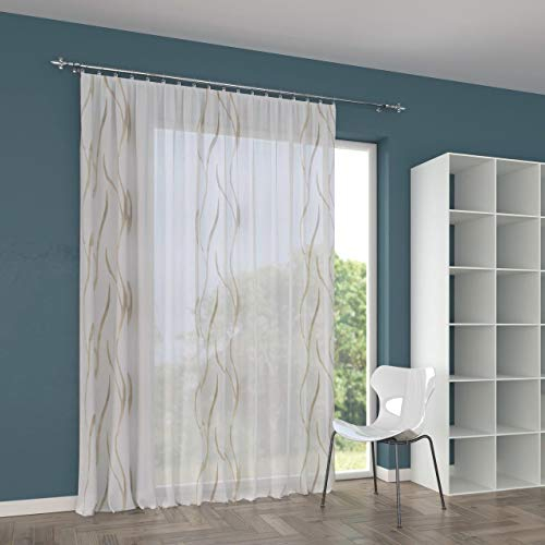 A-TEXTILE-24 Maßgeschneiderte Golde Scherli Voile Store Gardine “Lagos“ Kräuselband Vorhang nach Maß, Gardinen nach Maß Höhe: 90–295cm (Gold, 255cm Höhe x 800cm Breite)