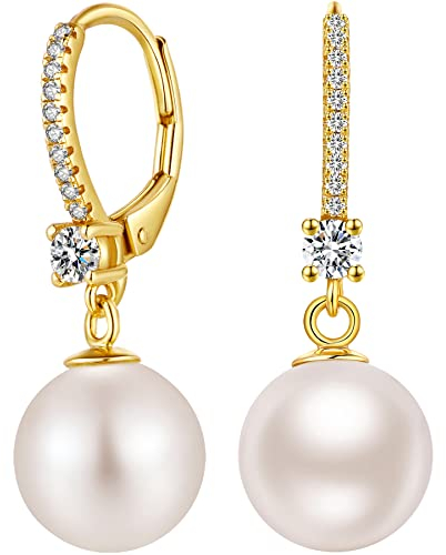 Gold Perlenohrringe Silber Perle Ohrringe Hängend Ohrringe,Perlen für Damen Kunstperlen Weißgold Perlen 10mm Pearl Earrings